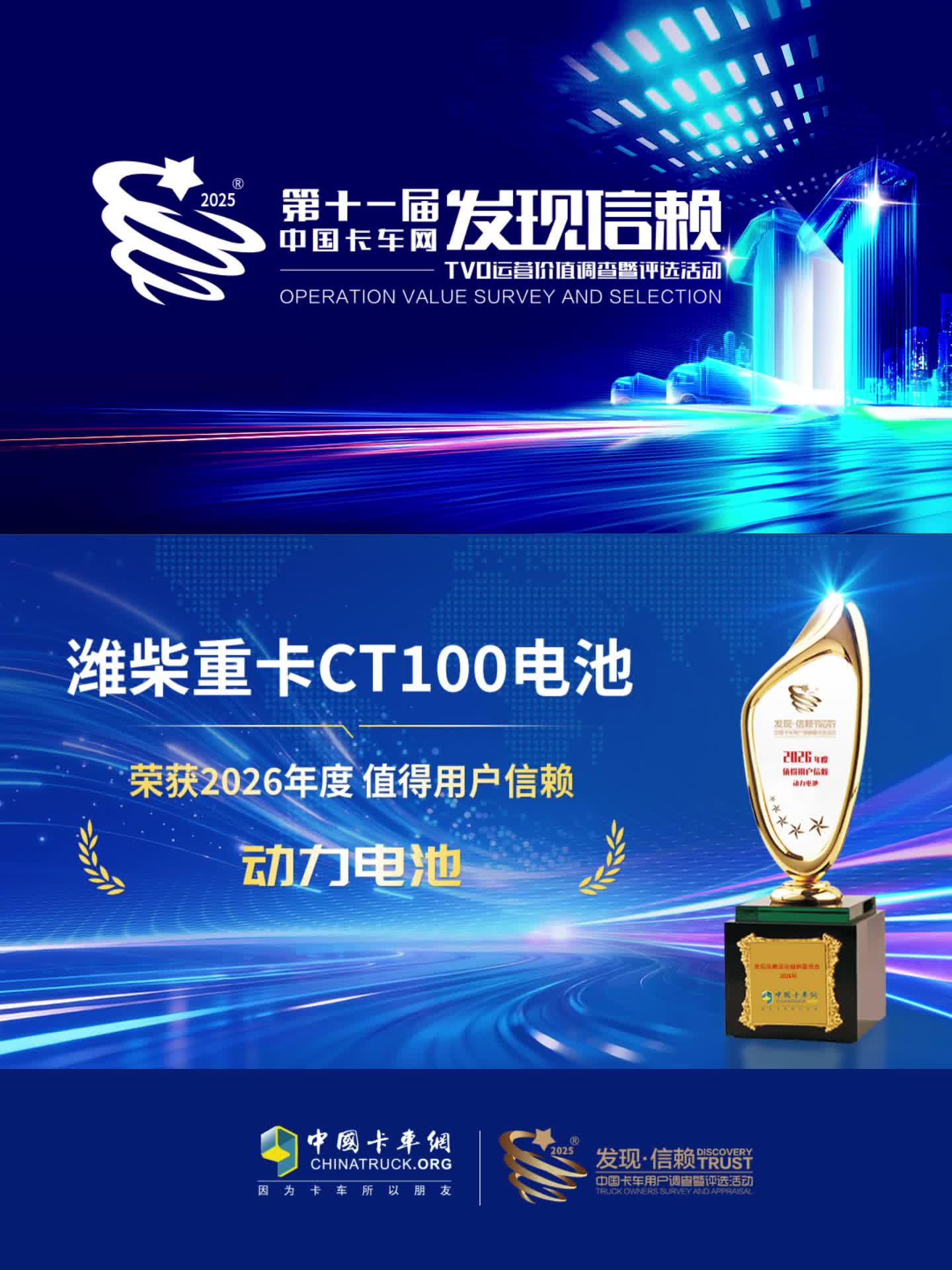 恭喜潍柴重卡CT100电池 荣获2026年度值得用户信赖 动力电池奖